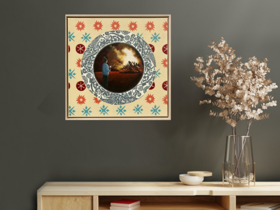 Grey plate on peach and orange wallpaper depicting a child watching a bonfire on fire cracker night