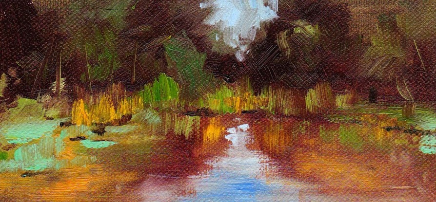 Small abstract impressionist oil painting of lagoon with reflections of Australian bush and blue sky. Green and blue with ochre highlights. Teal shadow box frame. 