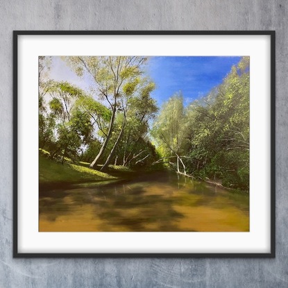 Landscape painting outback river  after the rain on sunrise  surrounding gumtrees 