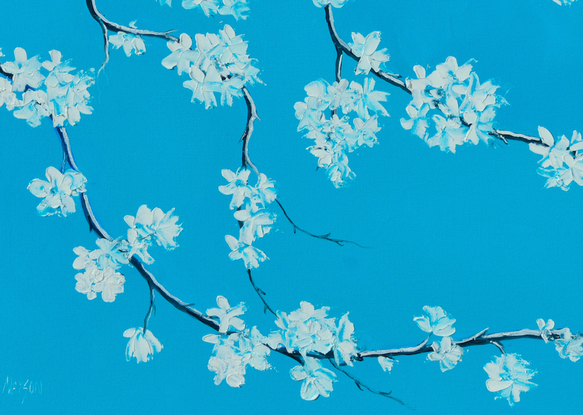 A textured painting of a branch of white blossom on a turquoise blue background.