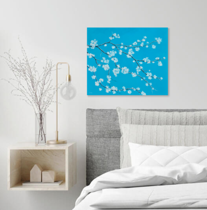 A textured painting of a branch of white blossom on a turquoise blue background.