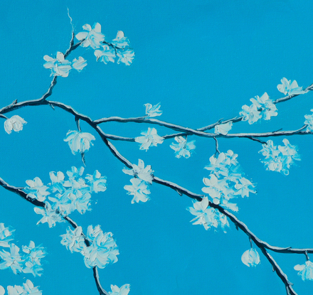 A textured painting of a branch of white blossom on a turquoise blue background.