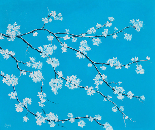 A textured painting of a branch of white blossom on a turquoise blue background.