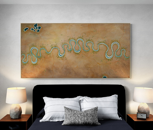 Earthy and Colourful Abstract aerial landscape in neutral tones with river running through the centre.