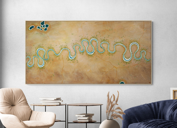 Earthy and Colourful Abstract aerial landscape in neutral tones with river running through the centre.