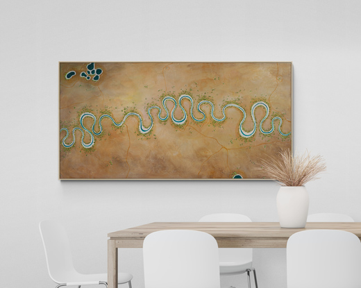 Earthy and Colourful Abstract aerial landscape in neutral tones with river running through the centre.