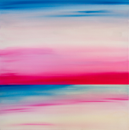 Fuchsia and blue hues on the horizon of a seascape.