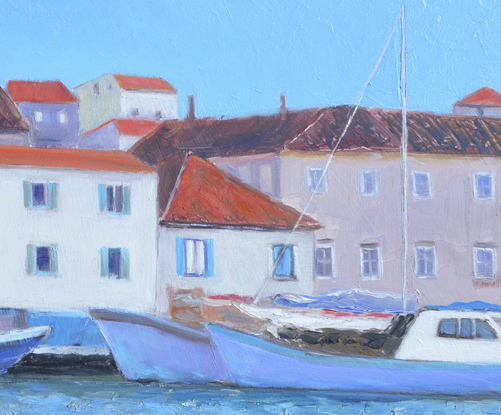 Oil painting of boats and architecture at the harbour in Trogir, Croatia. 