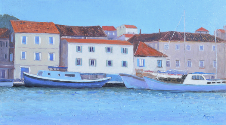 Oil painting of boats and architecture at the harbour in Trogir, Croatia. 