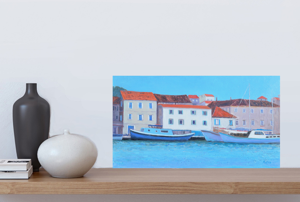 Oil painting of boats and architecture at the harbour in Trogir, Croatia. 