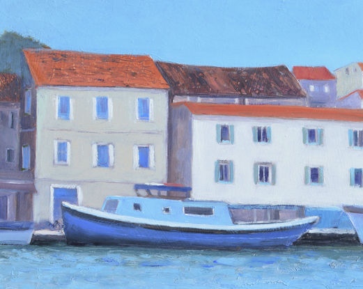 Oil painting of boats and architecture at the harbour in Trogir, Croatia. 