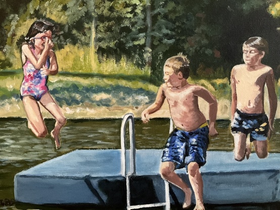 Children jumping from a jetty into water