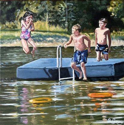 Children jumping from a jetty into water