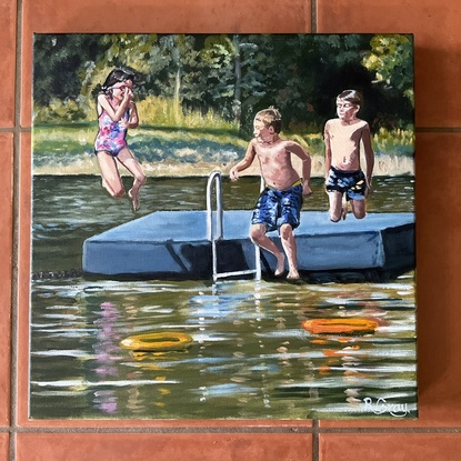 Children jumping from a jetty into water