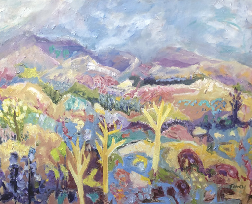 An Australian landscape painting inspired by the Flinders Ranges.  The style is impressionistic and fanciful.  It’s a colourful painting, with lots of yellow, pink, purple, ochre, green. Red and blue.