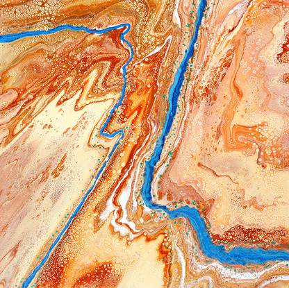 outback ochre and golds with a bright blue river running through with spots of green representing trees along a river after rainy season