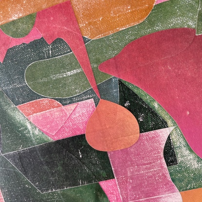 Square canvas board with paper collage in pink and green blocks of colour in abstract shapes. 