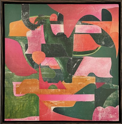 Square canvas board with paper collage in pink and green blocks of colour in abstract shapes. 