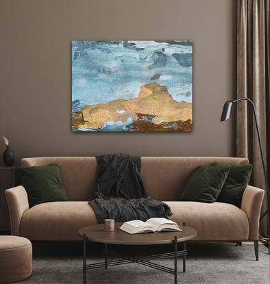 A large modern statement piece of an abstract landscape. Created by overlapping different tree trunks, creating rich colours and textures to replicate The Wild West. Ready to hang. Perfect for any interior. 