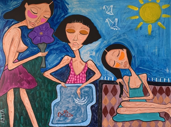 Three female characters, one holding a flower and she is topless, walking on the grass. One standing next to a pond and putting her hand in the water, another one is sitting on a rug and styling her hair.