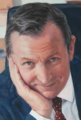 A painting of Western Australian Premier Mark McGowan sitting at his desk looking bemused as he looks at his social media pages on his iPad.