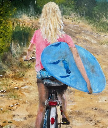 Painting called The Way Home by Banx, of a blond girl on a bicycle carrying a surfboard.