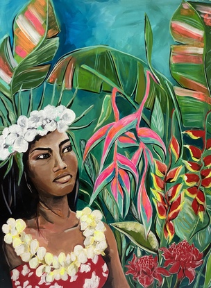 A beautiful island wahine embracing her lush tropical surroundings. Tropical flowers at her fingertips, the smell of fresh sea air and warmth of the rainforest kissing her damp skin.