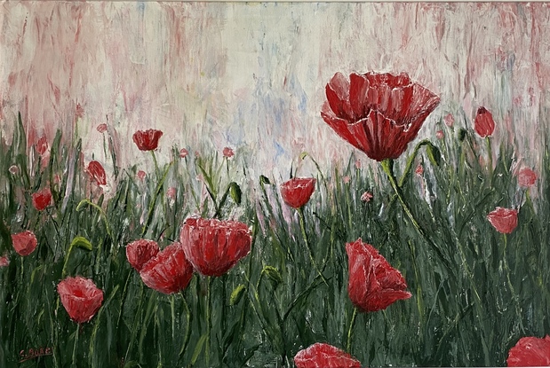 Semi abstract field of red poppies on a blue, red and white background. The poppies have been layer down thickly with  a pallet knife 