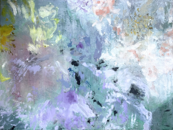 An abstract painting of beautiful flowers, peonies, represented by strokes of pale yellow, purple, pink and black upon a shimmering blue and silver background overlaid with shades of green