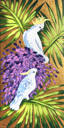 Cockatoos and palm tree. Australian animals original acrylic painting by Irina Redine.