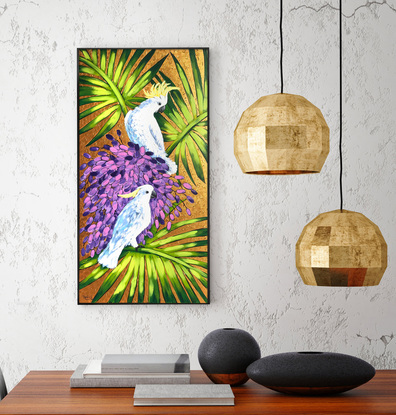 Cockatoos and palm tree. Australian animals original acrylic painting by Irina Redine.