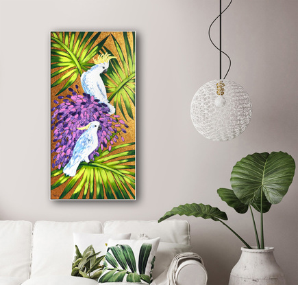 Cockatoos and palm tree. Australian animals original acrylic painting by Irina Redine.