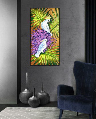 Cockatoos and palm tree. Australian animals original acrylic painting by Irina Redine.