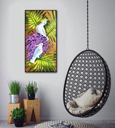 Cockatoos and palm tree. Australian animals original acrylic painting by Irina Redine.