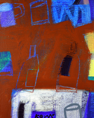 Modern still life in blue and maroon.