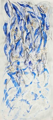 An abstract of flowers and leaves in delft blue, dark blue and white with gold leaf.  