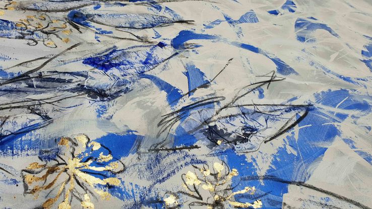 An abstract of flowers and leaves in delft blue, dark blue and white with gold leaf.  