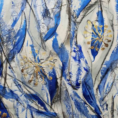 An abstract of flowers and leaves in delft blue, dark blue and white with gold leaf.  