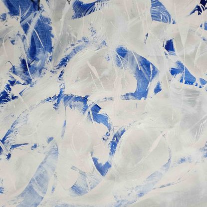 An abstract of flowers and leaves in delft blue, dark blue and white with gold leaf.  