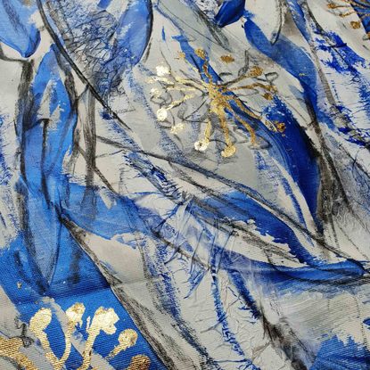 An abstract of flowers and leaves in delft blue, dark blue and white with gold leaf.  