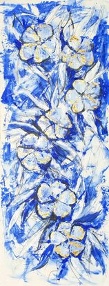 An abstract of flowers and leaves in delft blue, dark blue and white with gold leaf.  