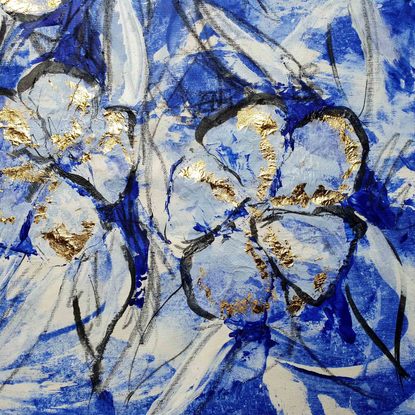 An abstract of flowers and leaves in delft blue, dark blue and white with gold leaf.  