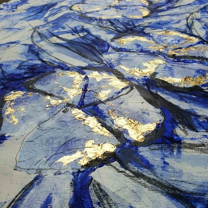 An abstract of flowers and leaves in delft blue, dark blue and white with gold leaf.  