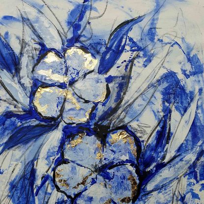 An abstract of flowers and leaves in delft blue, dark blue and white with gold leaf.  