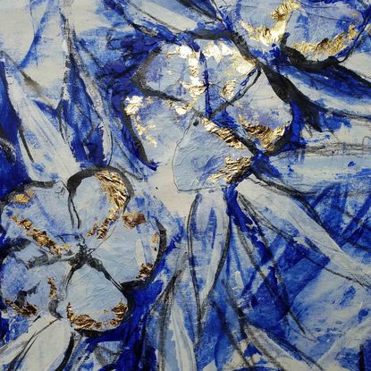 An abstract of flowers and leaves in delft blue, dark blue and white with gold leaf.  