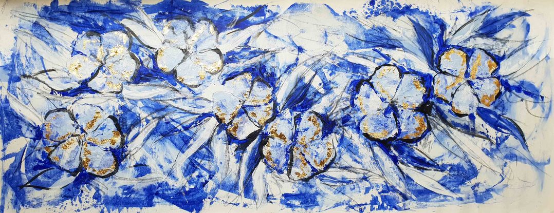 An abstract of flowers and leaves in delft blue, dark blue and white with gold leaf.  