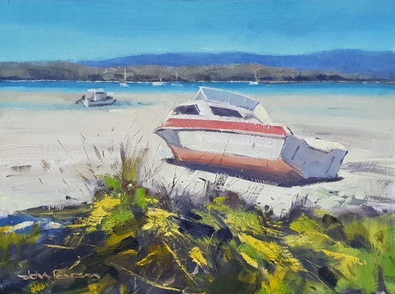 I painted this ‘en plein air’ (on location) at Tin Can Bay in Queensland. Many boats were stranded by the low tide waiting to sail away again. Original oil painting using an impressionist style.