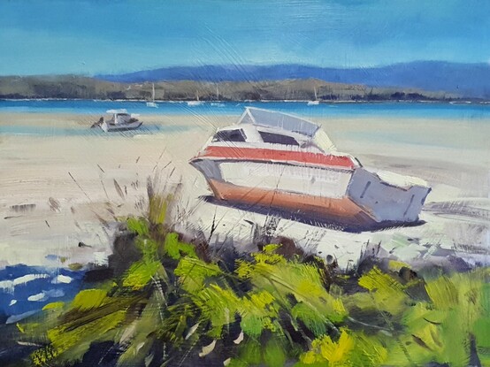 I painted this ‘en plein air’ (on location) at Tin Can Bay in Queensland. Many boats were stranded by the low tide waiting to sail away again. Original oil painting using an impressionist style.