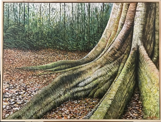 The floor of a rainforest, depicting a tree