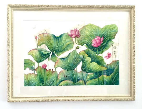 Beautiful large green lotus leaves fill most of this painting, with lotus flowers, buds, pods and small pen ink drawings on fine delicate papers collaged onto painting. 